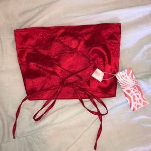 Red satin tube top with super cute tie back!
